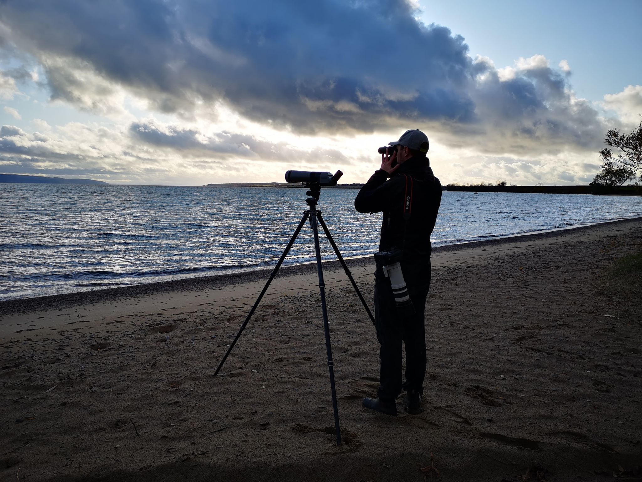 Person på strand med kikare